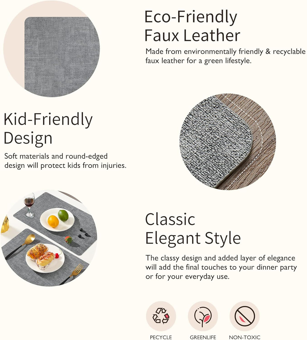 Maxpearl Faux Leather Placemats Set of 6 - Waterproof - Wipe Clean - Heat Resistant - Anti Slip Dining Table Place Mats, Suitable for Indoor & Outdoor Use, 17’’×12’’, Beige