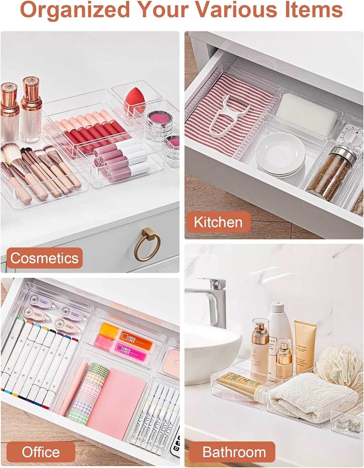 SMARTAKE Drawer Organizer with Non-Slip Silicone Pads, 5-Size Desk Drawer Organizer Trays Storage Tray for Makeup, Jewelries, Utensils in Bedroom Dresser, Office and Kitchen (Clear)