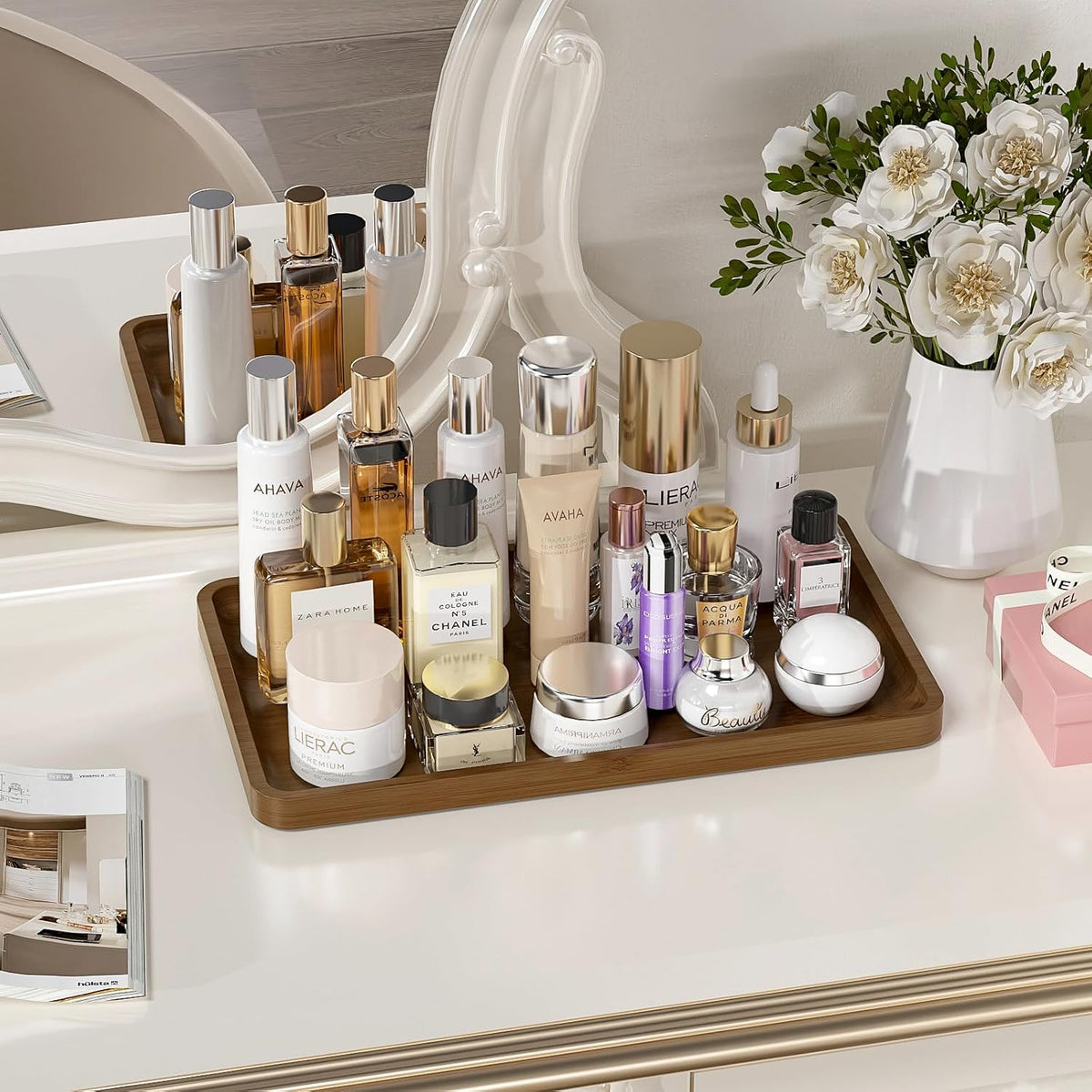 Small Bathroom Vanity Tray for Countertop Makeup Perfume Jewelry Decor Candle Keys, Small Black Kitchen Tray for Soap Dispenser Spice Bamboo Toilet Tray 7.9" L x 4" W x 0.79" H