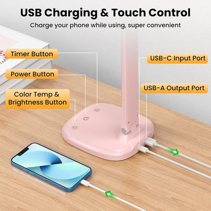 Desk Lamp with Charger, 10%-100% Stepless Dimmable & 5 Color Modes Study Lamp, Touch Control, 30-/60-minute Timer, USB Charging Output Port, CRI≥90, Eye-Caring Foldable LED Desk Lamps for Home Office