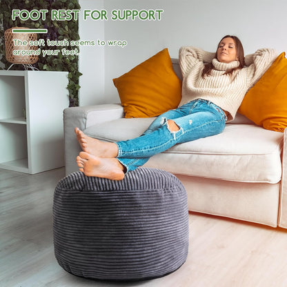Round Stuffed Pouf Ottoman, Corduroy Poufs with Foam Chunk Filling, Furry and Fluffy Pouf Foot Stool Storage Ottoman, 20 X 15 Floor Poufs Foot Rest for Living Room, Dark Grey