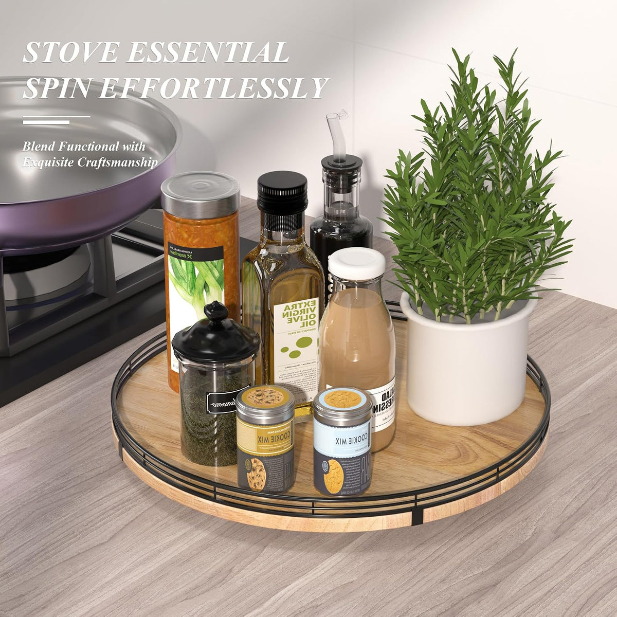 Farmhouse Oak 9" Lazy Susan Turntable Organizer for Cabinet, Round Wooden Lazy Susan Organization and Storage for Dining Table, Pantry, Kitchen, Countertop, Cupboard,Home Decor, Walnut Wood