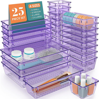 WOWBOX 25 PCS Clear Plastic Drawer Organizer Set, 4 Sizes Desk Drawer Divider Organizers and Storage Bins for Makeup, Jewelry, Gadgets for Kitchen, Bedroom, Bathroom, Office
