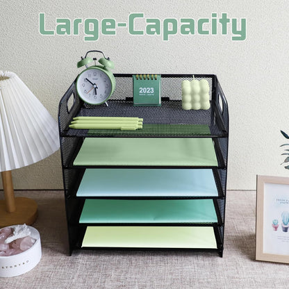 Paper Letter Tray with Handle, 3 Tier Metal Mesh Desk File Organizer, A4 Paper Desktop Filing Trays, Desk Tidy Magazine Document Holder for Home Office, Black