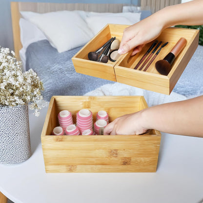 3-Piece Stackable Bamboo Storage Box, Large Storage Bin, Wooden Boxes for Makeup Drawer Organizer Bathroom, Office Supplies, Kitchen Utensils, Bamboo Storage Containers (Medium)