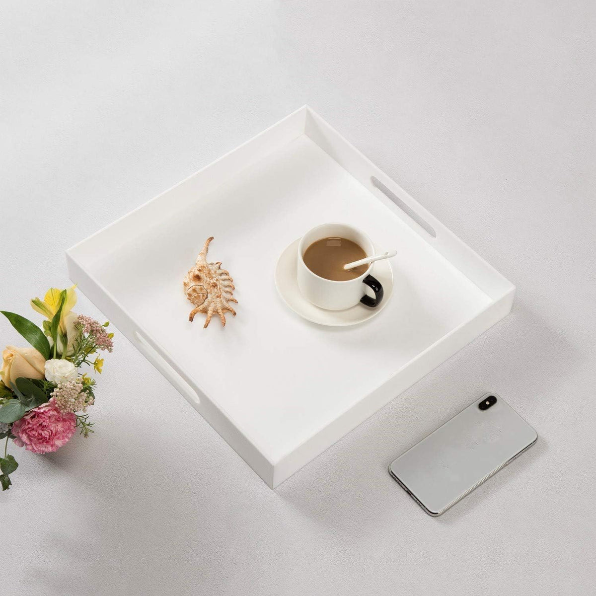 KEVLANG Glossy White Sturdy Acrylic Serving Tray with Handles-12x20 Inch-Serving Coffee Appetizer Breakfast-Kitchen Countertop Makeup Drawer Organizer-Vanity Table Ottoman Decorative Tray