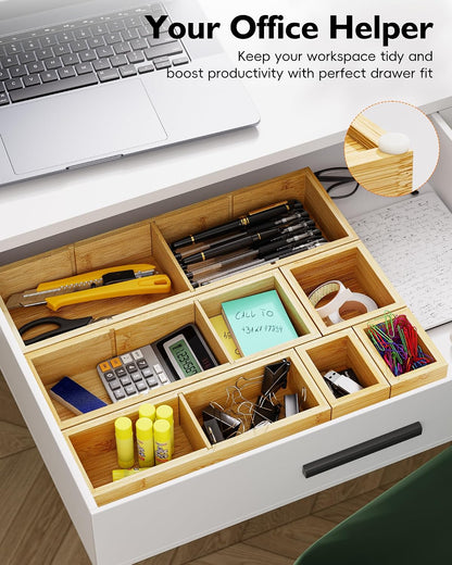 Bamboo Drawer Organizer with 9 Adjustable Compartments, Office Desk Organization Tray for Office Utensils, Supplies, Makeup, Jewelry, and More – Ideal for Desk or Drawer Storage