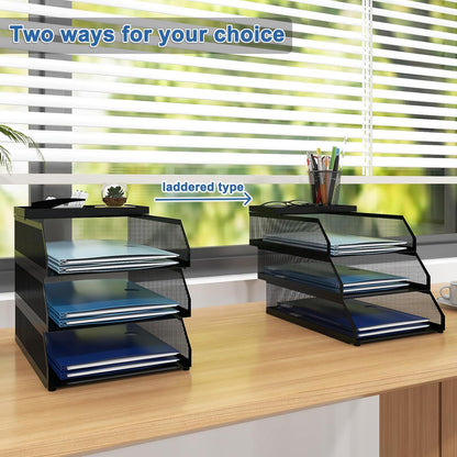 Natwind 4-Tier Paper Organizers,Desk Organizer,Stackable Paper Tray, Desk Accessories,Metal Mesh Desktop Organizer,Letter Trays,File Document Storage Rack for for Home, Office, School (Black)
