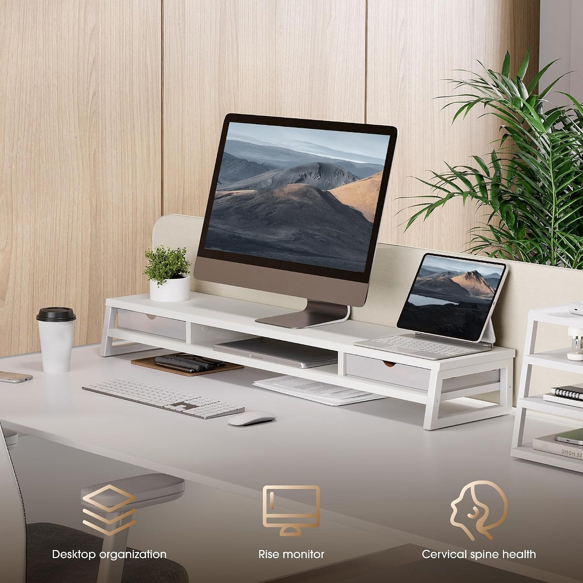Fenge Dual Monitor Stand, Monitor Riser with Drawer, 42.5 Inch Large Computer Monitor Stand for 2 Monitors, 2 Tier Wooden Desk Shelf for Top of Desk