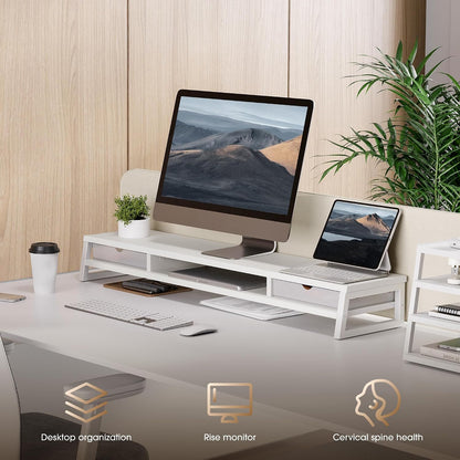 Fenge Dual Monitor Stand, Monitor Riser with Drawer, 42.5 Inch Large Computer Monitor Stand for 2 Monitors, 2 Tier Wooden Desk Shelf for Top of Desk