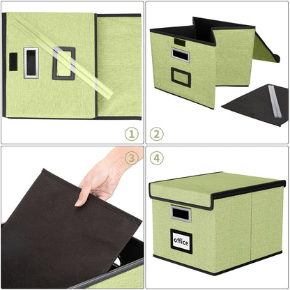 Upgraded Portable File Organizer Box with Lid, Collapsible Linen Hanging Filing Storage Boxes with Plastic Slides, Decorative Home/Office Filing System Box for File and Folders Storage (Gray)