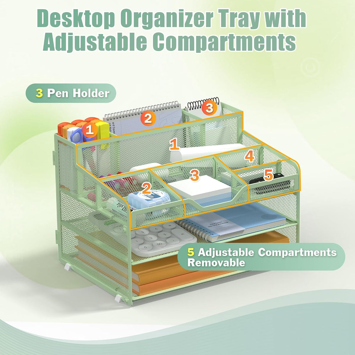Docnest 5 Tier Mesh Desk Organizer for Paper Office Supplies – Multi-Functional Letter Tray with 5 Adjustable Compartments, 3 Pen Holders, Desktop Storage for Files, Mail, Stationery – Black