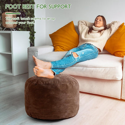 Round Stuffed Pouf Ottoman, Corduroy Poufs with Foam Chunk Filling, Furry and Fluffy Pouf Foot Stool Storage Ottoman, 20 X 15 Floor Poufs Foot Rest for Living Room, Dark Grey