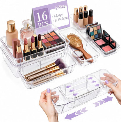 Expandable Clear Drawer Organizer, 3-Size Extendable Drawer Divider, Adjustable Plastic Storage Box, Arcrylic Storage Bins for Makeup Vanity Drawer Dresser DIY Desk Office Kitchen Utensils