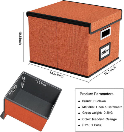 Upgraded Portable File Organizer Box with Lid, Collapsible Linen Hanging Filing Storage Boxes with Plastic Slides, Decorative Home/Office Filing System Box for File and Folders Storage (Gray)