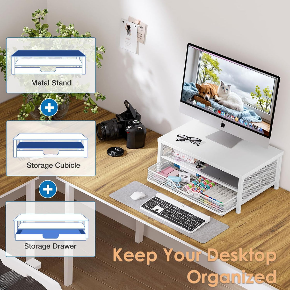 Desk Organizers and Accessories, Computer Monitor Stand Riser with Drawer and 2 Pen Holders, Printer & Laptop Stand, Office Desk Accessories & Workspace Organizers for Home Office Supplies, Black