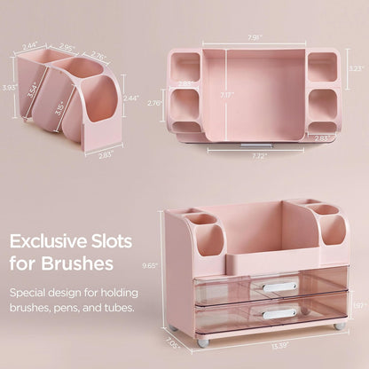 HBlife Makeup Organizer for Vanity with Brush Holder, Large Bathroom Countertop Cosmetic Organizer Skin Care Storage, Easy to Store Lipsticks, Nail Polishes, Perfumes, Eyeshadow Palettes, All White