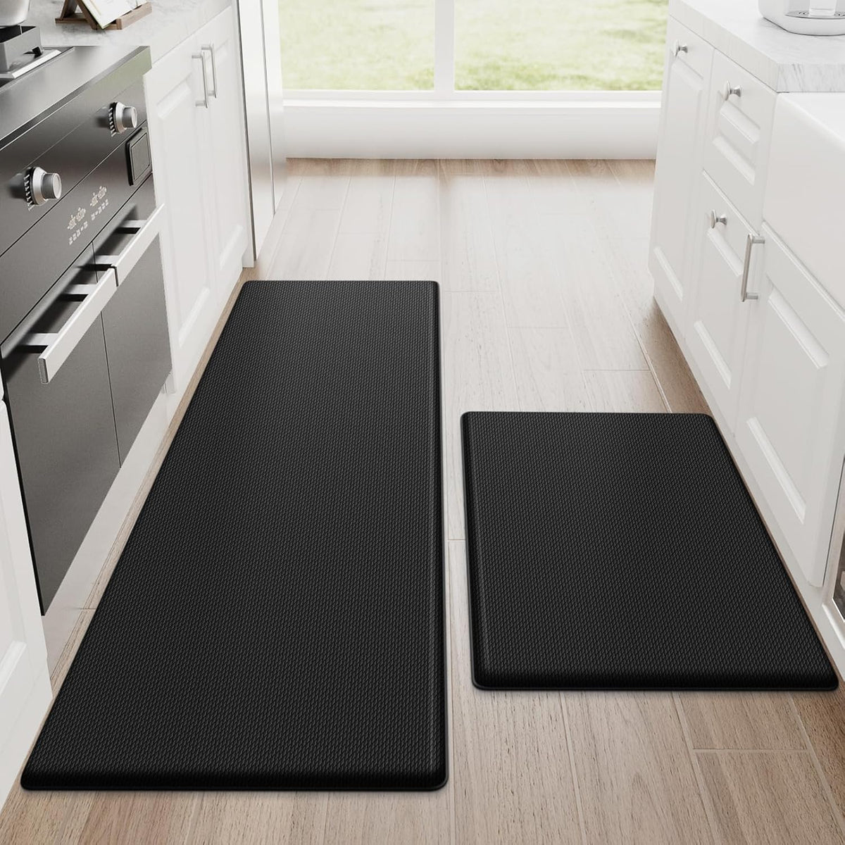 StepRite Kitchen Mats, 2PCS Kitchen Rugs, Cushioned Anti Fatigue Kitchen Mats for Floor, Non-Slip Standing Desk Mat, Waterproof Kitchen Rug Set for Kitchen, Floor, Office, 17.3"x30"+17.3"x47", Black