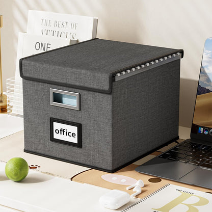Upgraded Portable File Organizer Box with Lid, Collapsible Linen Hanging Filing Storage Boxes with Plastic Slides, Decorative Home/Office Filing System Box for File and Folders Storage (Gray)