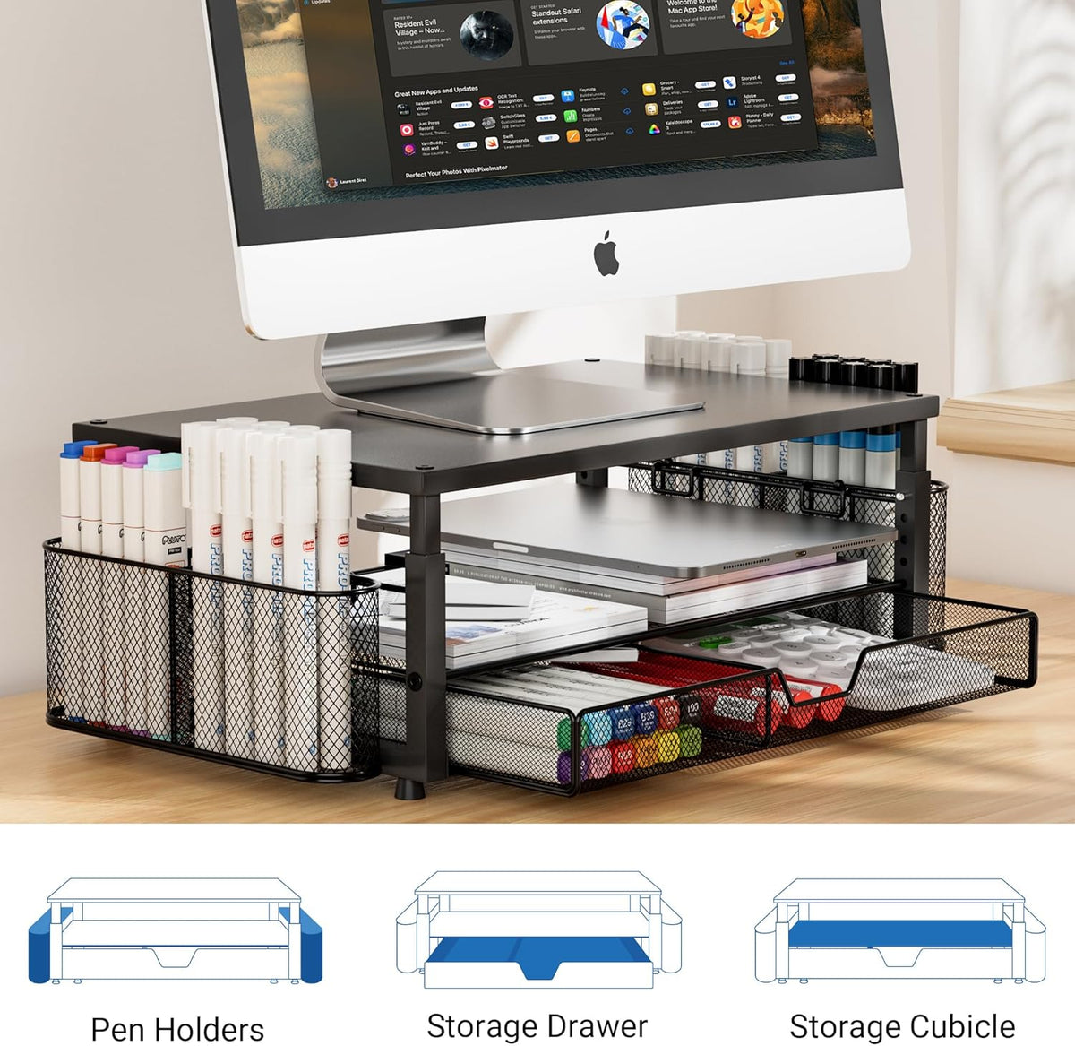 Desk Organizer and Accessories with Cellphone Holder, Height Adjustable 2-Tier Computer Monitor Stand Riser with Drawer and 2 Pen Holders,Office Desk Accessories for Office Supplies, Black