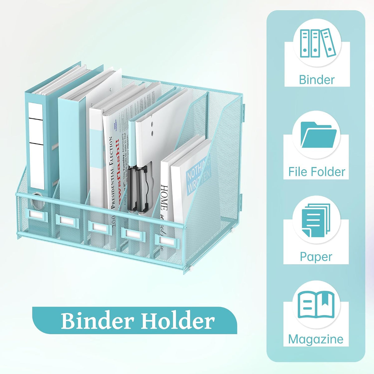 Desk Organizers Metal Desk Magazine File Holder with 5 Vertical Compartments Rack File Organizer for Office Desktop, Classroom, Home Workspace, Black
