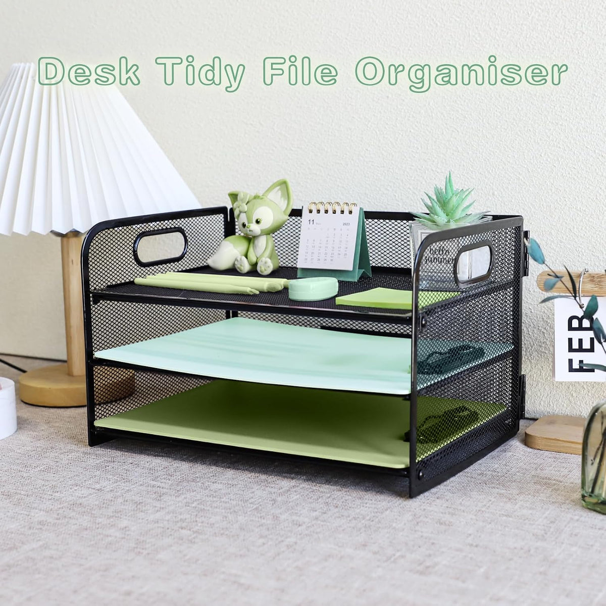 Paper Letter Tray with Handle, 3 Tier Metal Mesh Desk File Organizer, A4 Paper Desktop Filing Trays, Desk Tidy Magazine Document Holder for Home Office, Black