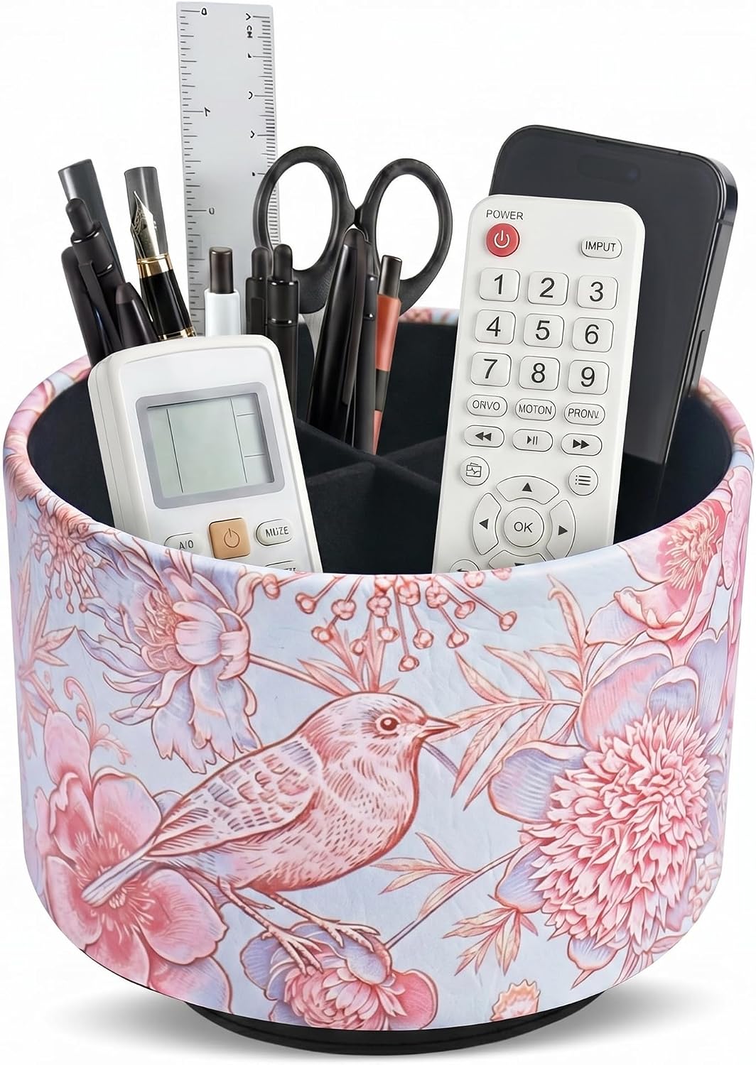 Round Leather Art Supply Organizer,Remote Control Holder,360 Degree Rotating,Multi-Functional Pencil Holder,4 Compartments Desktop Stationary Organizer(1-Blue Bird) - Colors C