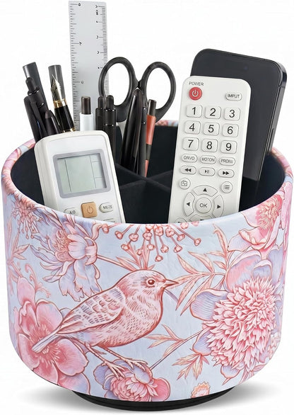Round Leather Art Supply Organizer,Remote Control Holder,360 Degree Rotating,Multi-Functional Pencil Holder,4 Compartments Desktop Stationary Organizer(1-Blue Bird) - Colors C