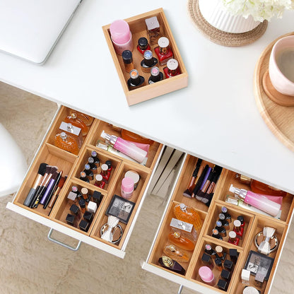 Fabsome Drawer Organizer, Set of 9 Bamboo Wood Kitchen Makeup Desk Junk Tea Drawer Storage Boxes Bins for Cutlery Silverware Utensils Flatware, Small Wooden Container Tray for Bathroom, Office