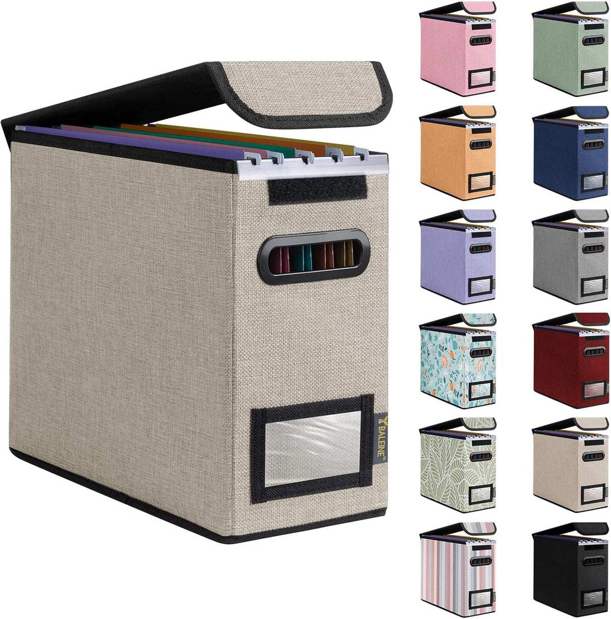 BALEINE File Organizer Box with Lid, Collapsible File Folder Organizer with Plastic Slide, Hanging File Folder Box for Office Document Storage (Black)
