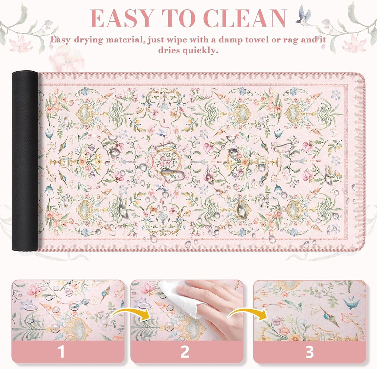 Desk Mat,Mouse Pad for Office Desk,35.4x15.7in,Pink Flowers