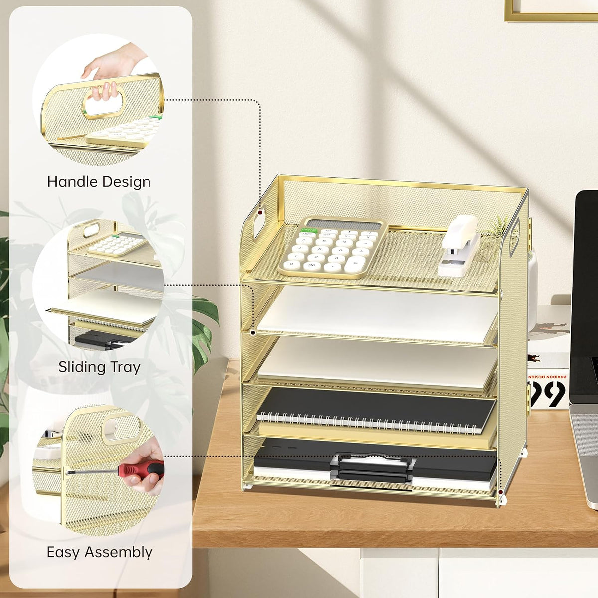 Supeasy 5 Trays Paper Organizer Letter Tray with Handle-Mesh Desk File Holders, Paper Sorter Desk Organizer for Office, Home, Classroom or School