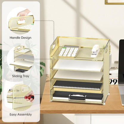 Supeasy 5 Trays Paper Organizer Letter Tray with Handle-Mesh Desk File Holders, Paper Sorter Desk Organizer for Office, Home, Classroom or School