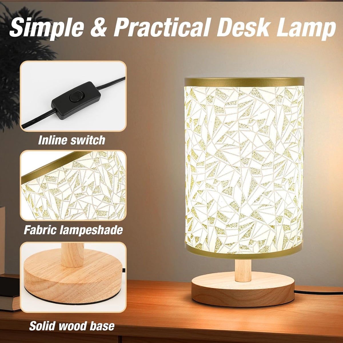 Desk Lamp LED Bulb Included, Small Bedside Table Lamp Plug-in - Classic Wood Base with Flaxen Fabric Shade, Lamps for Night Stands, Simple Nightstand Light for Bedroom, Office, Desk