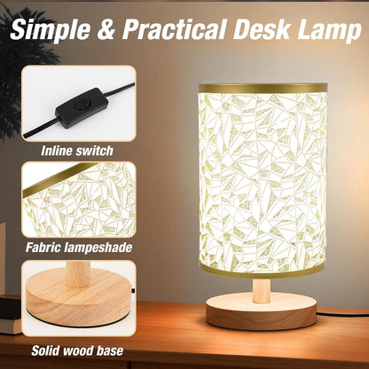Desk Lamp LED Bulb Included, Small Bedside Table Lamp Plug-in - Classic Wood Base with Flaxen Fabric Shade, Lamps for Night Stands, Simple Nightstand Light for Bedroom, Office, Desk