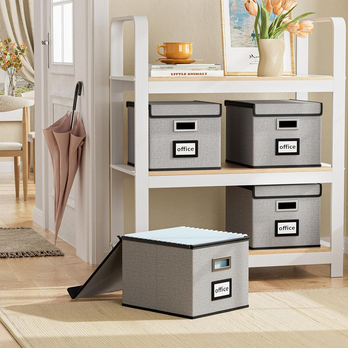 Upgraded Portable File Organizer Box with Lid, Collapsible Linen Hanging Filing Storage Boxes with Plastic Slides, Decorative Home/Office Filing System Box for File and Folders Storage (Gray)