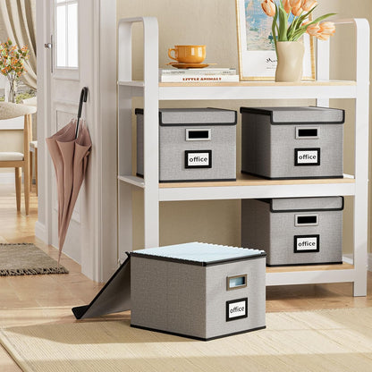 Upgraded Portable File Organizer Box with Lid, Collapsible Linen Hanging Filing Storage Boxes with Plastic Slides, Decorative Home/Office Filing System Box for File and Folders Storage (Gray)