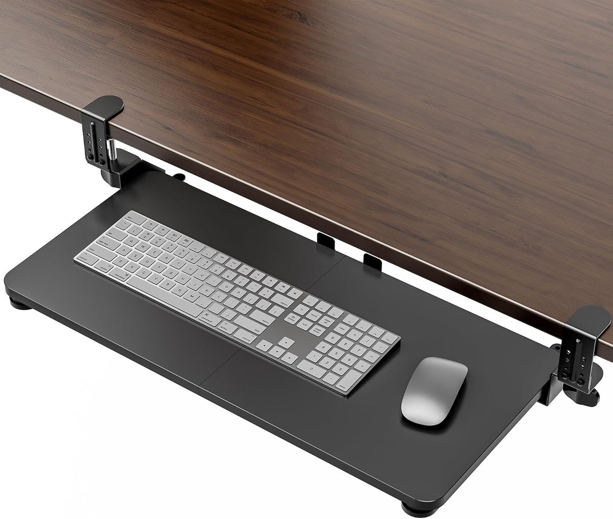Small Keyboard Tray Under Desk, Pull Out Keyboard & Mouse Tray with Adjustable C-clamp, 20(25.9 Including Clamps) x 11.8 Inch Slide Out Computer Keyboard Drawer Mouse Tray for Typing, Walnut