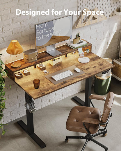 48 * 24 Inch Electric Standing Desk with Shelf & Led, Dark Walnut