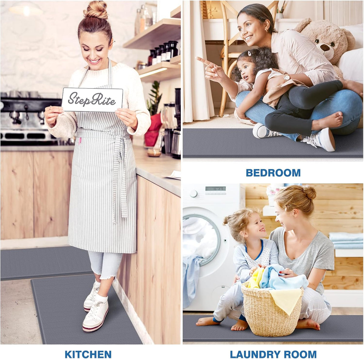 StepRite Kitchen Mats, 2PCS Kitchen Rugs, Cushioned Anti Fatigue Kitchen Mats for Floor, Non-Slip Standing Desk Mat, Waterproof Kitchen Rug Set for Kitchen, Floor, Office, 17.3"x30"+17.3"x47", Black