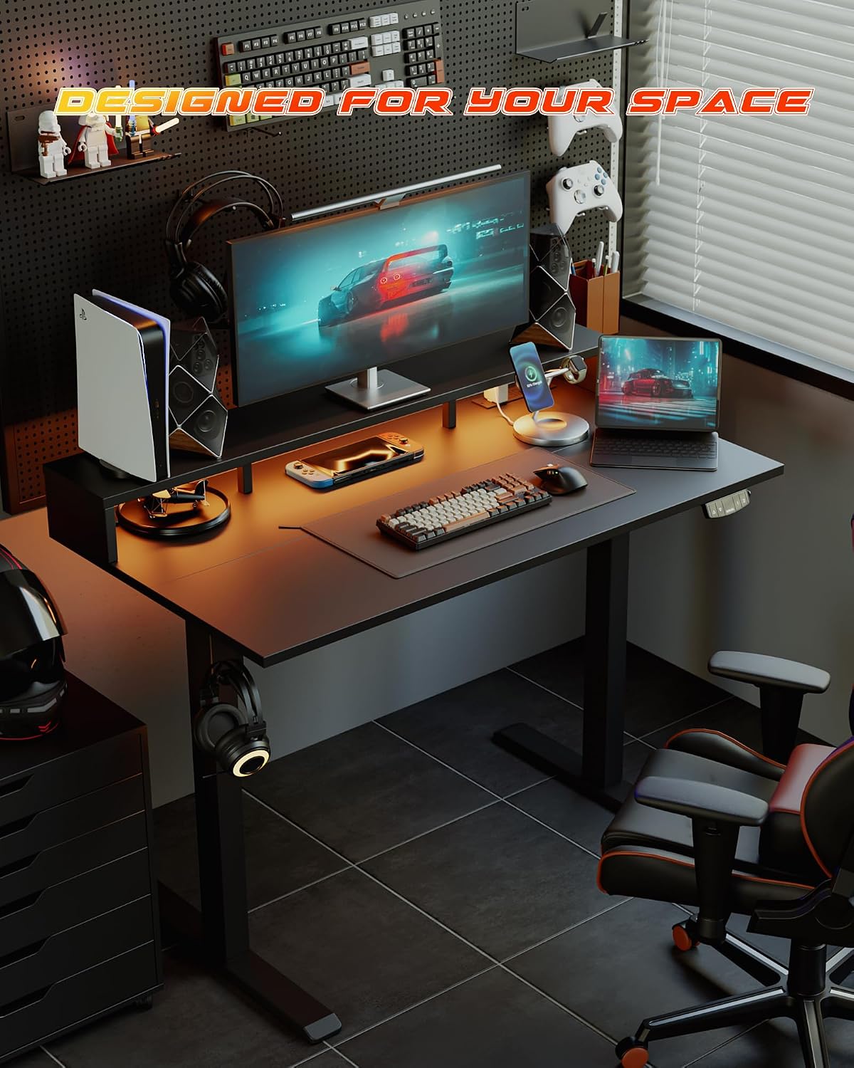 48 * 24 Inch Electric Standing Desk with Shelf & Led, Dark Walnut