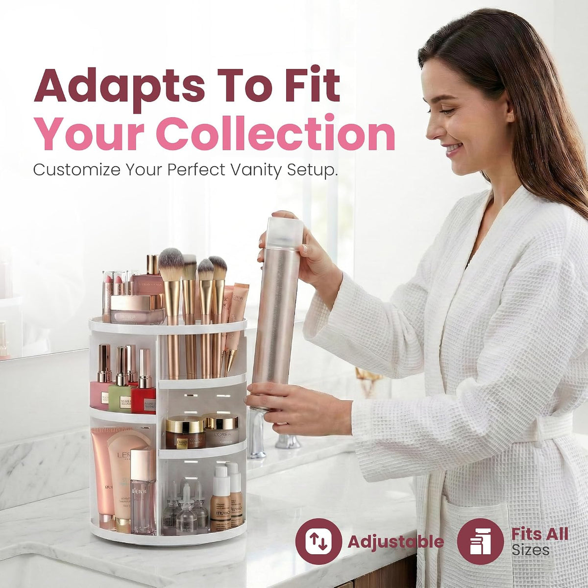 Masirs 360 Rotating Makeup Organizer Countertop - Adjustable Shelf Height - The Perfect Round Spinning Cosmetic Organizer for Bedroom Dresser or Vanity Countertop Storage (Clear)