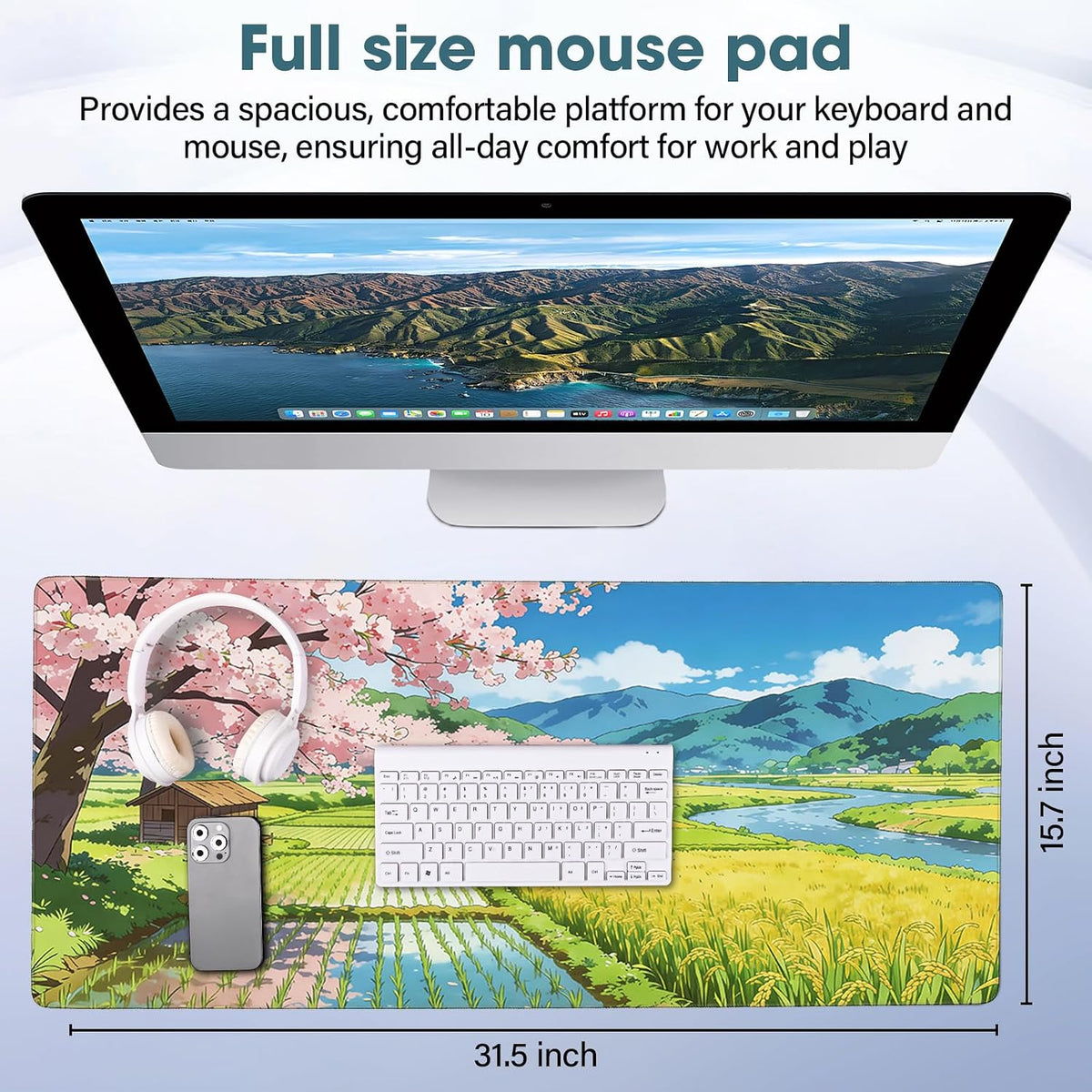 31.5" x 15.7" Waterproof Fabric Desk Pad, Rubber Anti-Slip Base, Stitched Edges No Curling, Fits Laptop Keyboard and Mouse, Smooth Office Mat Large Mouse Pad for Work Game, Black