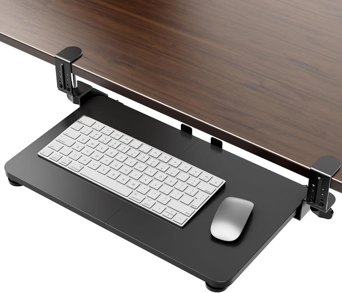 Small Keyboard Tray Under Desk, Pull Out Keyboard & Mouse Tray with Adjustable C-clamp, 20(25.9 Including Clamps) x 11.8 Inch Slide Out Computer Keyboard Drawer Mouse Tray for Typing, Walnut