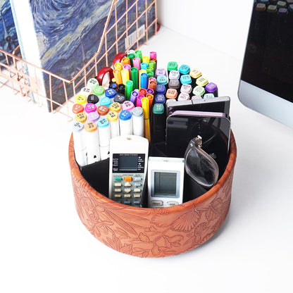 Round Leather Art Supply Organizer,Remote Control Holder,360 Degree Rotating,Multi-Functional Pencil Holder,4 Compartments Desktop Stationary Organizer(1-Blue Bird) - Colors C