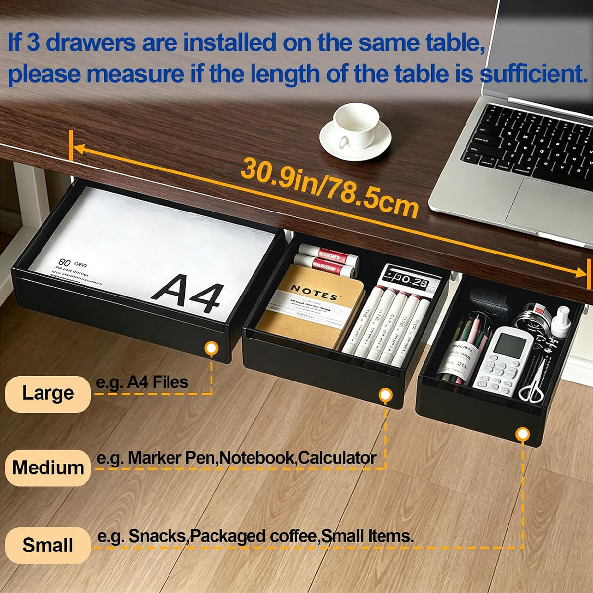 Under Desk Storage Drawer Organizer,3 Pack Self-Adhesive Slide Out Desk Drawers Under Table for Shelf,Office Supplies,Home,Large & Medium & Small,Black