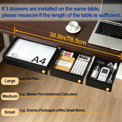 Under Desk Storage Drawer Organizer,3 Pack Self-Adhesive Slide Out Desk Drawers Under Table for Shelf,Office Supplies,Home,Large & Medium & Small,Black