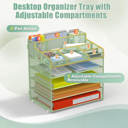 Docnest 5 Tier Mesh Desk Organizer for Paper Office Supplies – Multi-Functional Letter Tray with 5 Adjustable Compartments, 3 Pen Holders, Desktop Storage for Files, Mail, Stationery – Black