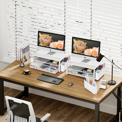 Desk Organizers and Accessories, Computer Monitor Stand Riser with Drawer and 2 Pen Holders, Printer & Laptop Stand, Office Desk Accessories & Workspace Organizers for Home Office Supplies, Black