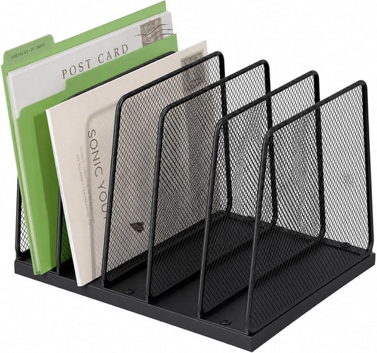 5-Section Vertical File Organizer for Desk, Sturdy Wood Base & Metal Mesh Desktop File Holder, Upright Paper Folder Sorter for Office Supplies（Rustic Brown）